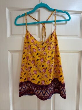 Hollister Yellow Floral Strappy Tank with Patterned Hem
